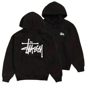 New Stussy Basic Hoodie Mens Small Black Logo Hooded Sweatshirt Spell Out Cotton